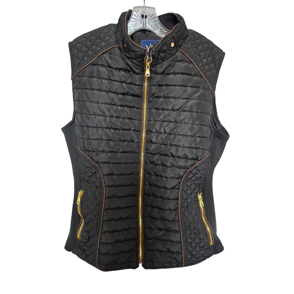 YMI Collection Women Black Quilted Puffer Vest Faux Fur Lined Gold Zip L